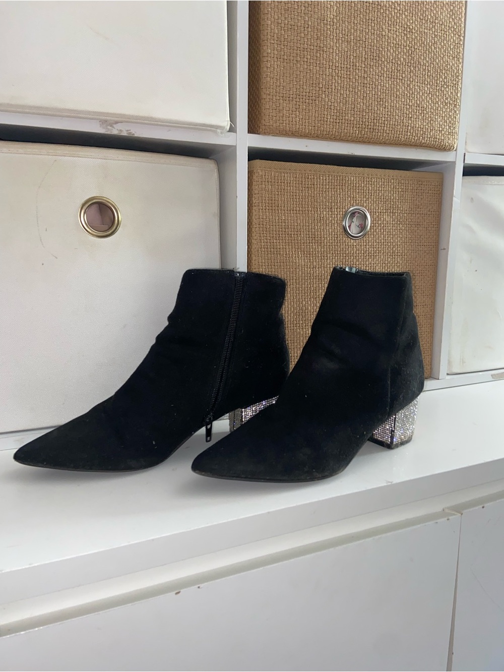 Black Suede Ankle Booties with Sparkle Block Heel